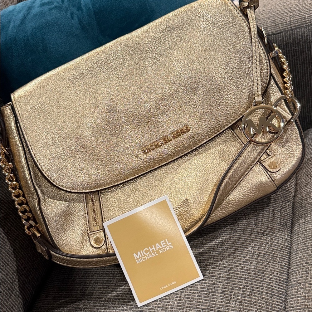 Michael Kors Metallic Gold Shoulder Bag new purse handbag MK tote designer care - Picture 3 of 10
